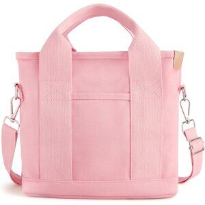 Women's Pink Canvas Tote Bag With Multi Pockets Mini Shoulder Bags With Zipper